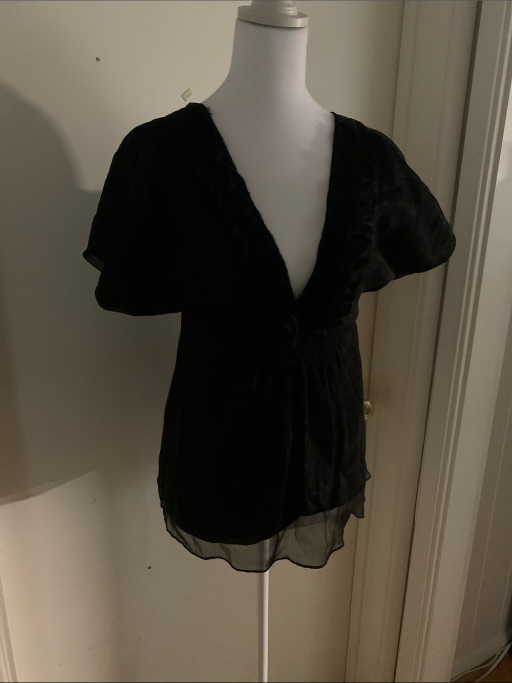 Elegant Black Deep V Puff Sleeve Blouse